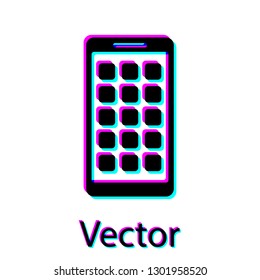 Black Mobile Apps icon isolated on white background. Smartphone with screen icons, applications. mobile phone showing screen. Vector Illustration