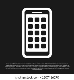 Black Mobile Apps icon isolated on black background. Smartphone with screen icons, applications. mobile phone showing screen. Vector Illustration