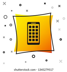 Black Mobile Apps icon isolated on white background. Smartphone with screen icons, applications. mobile phone showing screen. Yellow square button. Vector Illustration