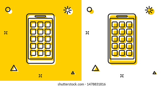 Black Mobile Apps icon isolated on yellow and white background. Smartphone with screen icons, applications. mobile phone showing screen. Random dynamic shapes. Vector Illustration