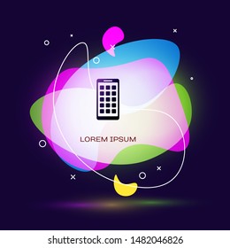 Black Mobile Apps icon isolated on dark blue background. Smartphone with screen icons, applications. mobile phone showing screen. Abstract banner with liquid shapes. Vector Illustration