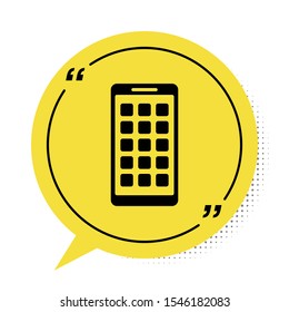 Black Mobile Apps icon isolated on white background. Smartphone with screen icons, applications. mobile phone showing screen. Yellow speech bubble symbol. Vector Illustration