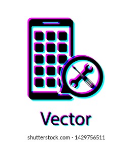 Black Mobile Apps with screwdriver and wrench icon isolated on white background. 