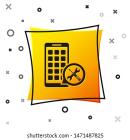 Black Mobile Apps with screwdriver and wrench icon isolated on white background. Adjusting, service, setting, maintenance, repair, fixing. Yellow square button. Vector Illustration