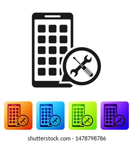 Black Mobile Apps with screwdriver and wrench icon isolated on white background. Adjusting, service, setting, maintenance, repair, fixing. Set icon in color square buttons. Vector Illustration