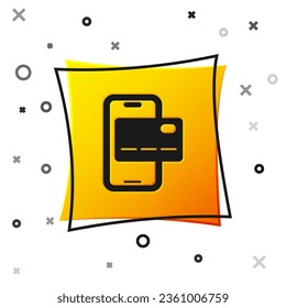Black Mobile Banking Symbol einzeln auf weißem Hintergrund. Überweisen Sie Geld über das Mobile Banking auf dem Handybildschirm. Gelber Quadrat-Knopf. Vektorgrafik