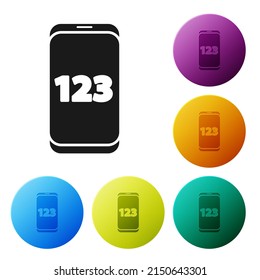 Black Mobile calculator smartphone interface icon isolated on white background. Mathematical application on phone display. Set icons in color circle buttons. Vector Illustration