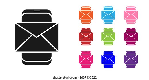 Black Mobile and envelope, new message, mail icon isolated on white background. Usage for e-mail newsletters, headers, blog posts. Set icons colorful. Vector Illustration