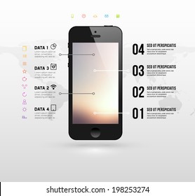 Black Mobile Phone with Blurred Background and World Map. Flat Design Icons. Vector.
