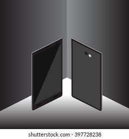 Black mobile phone with buttons on a gray background. Mobile Vector.