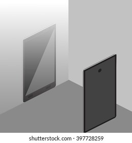 Black mobile phone with buttons on a gray background. Mobile Vector.