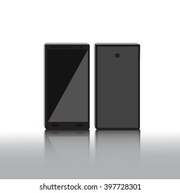 Black mobile phone with buttons on a gray background. Mobile Vector.