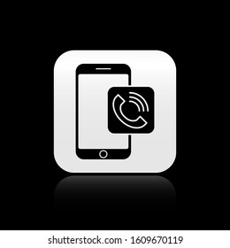 Black Mobile phone call icon isolated on black background. Silver square button. Vector Illustration