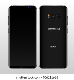 Black mobile phone concept, front view and backside with camera, flash and speaker on a white background. Smartphone with camera buttons, power and volume. Vector realistic high detailed illustration.