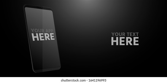 Black mobile phone in the dark. Vector banner template 