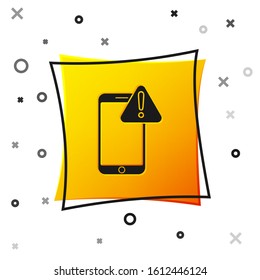 Black Mobile phone with exclamation mark icon isolated on white background. Alert message smartphone notification. Yellow square button. Vector Illustration