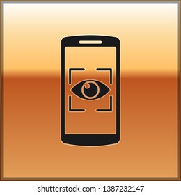 Black Mobile phone and eye scan icon isolated on gold background. Scanning eye. Security check symbol. Cyber eye sign. Vector Illustration