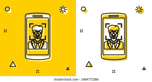 Black Mobile phone and face recognition icon isolated on yellow and white background. Face identification scanner icon. Facial id. Cyber security. Random dynamic shapes. Vector Illustration