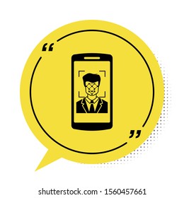 Black Mobile phone and face recognition icon isolated on white background. Face identification scanner icon. Facial id. Cyber security. Yellow speech bubble symbol. Vector Illustration