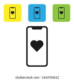 Black Mobile phone with heart icon isolated on white background. Valentines day. Set icons colorful square buttons. Vector Illustration