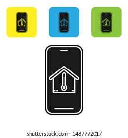 Black Mobile phone with house temperature icon isolated on white background. Thermometer icon. Set icons colorful square buttons. Vector Illustration