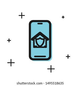 Black Mobile phone with house under protection icon isolated on white background. Protection, safety, security, protect, defense concept.  Vector Illustration