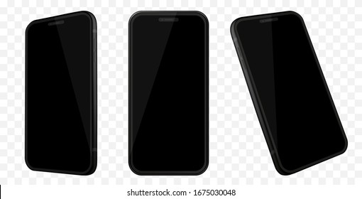 Black Mobile Phone Mockup With Different Angles. Isolated On Transparent Background.	