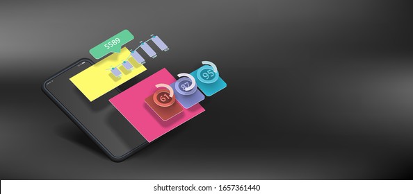 Black mobile phone on a black background with infographic in space. Vector banner