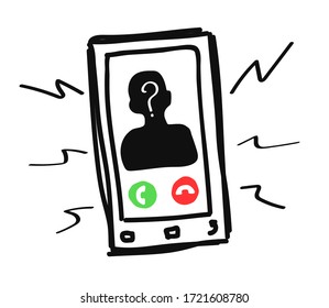 Black mobile phone on a white background. Scammer's call. Vector illustration.