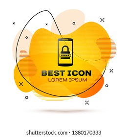 Black Mobile phone and password protection icon isolated on white background. Security, safety, personal access, user authorization, privacy. Fluid color banner. Vector Illustration