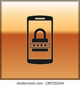 Black Mobile phone and password protection icon isolated on gold background. Security, safety, personal access, user authorization, privacy. Vector Illustration