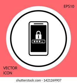 Black Mobile phone and password protection icon isolated on red background. Security, safety, personal access, user authorization, privacy. White circle button. Vector Illustration