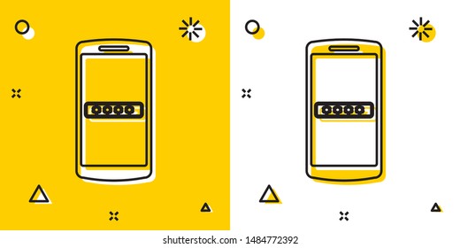 Black Mobile phone and password protection icon isolated on yellow and white background. Security, safety, personal access, user authorization, privacy. Random dynamic shapes. Vector Illustration
