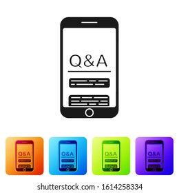 Black Mobile phone with Question and Exclamation icon isolated on white background. Frequently asked questions. Set icons in color square buttons. Vector Illustration