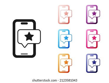 Black Mobile phone with review rating icon isolated on white background. Concept of testimonials messages, notifications, feedback. Set icons colorful. Vector