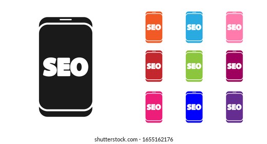 Icono de concepto de optimización SEO de teléfono móvil negro aislado en fondo blanco. Establecer iconos coloridos.  Ilustración vectorial