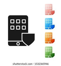 Black Mobile phone with shield icon isolated on white background. Smartphone insurance. Security, safety, protection, protect concept. Set icons colorful. Vector Illustration