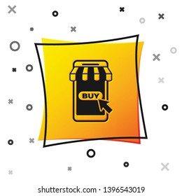Black Mobile phone and shopping cart with striped awning icon isolated on white background. Online buying symbol. Supermarket basket symbol. Yellow square button. Vector Illustration