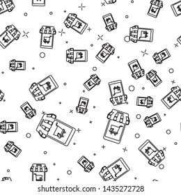 Black Mobile phone and shopping cart with striped awning icon isolated seamless pattern on white background. Online buying symbol. Supermarket basket symbol. Vector Illustration