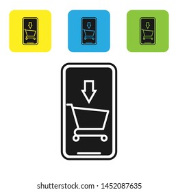 Black Mobile phone and shopping cart icon isolated on white background. Online buying symbol. Supermarket basket symbol. Set icons colorful square buttons. Vector Illustration