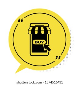 Black Mobile phone and shopping cart with striped awning icon isolated on white background. Online buying symbol. Supermarket basket symbol. Yellow speech bubble symbol. Vector Illustration