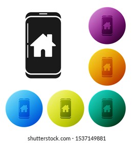 Black Mobile phone with smart home icon isolated on white background. Remote control. Set icons colorful circle buttons. Vector Illustration