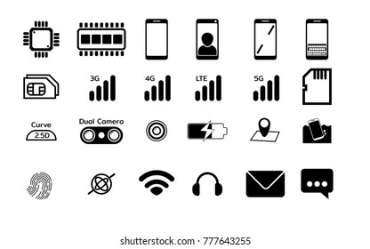 Black Mobile phone Specification Flat icons set Isolate on white background. Vector illustration.