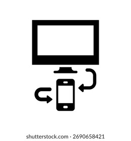 El teléfono móvil negro sincroniza los datos con el ordenador a través de flechas; un intercambio tecnológico moderno sobre un fondo blanco, que ofrece una simbolización eficiente.