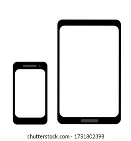 Black mobile phone and black tablet with blank displays on a white background. Mockup