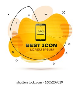 Black Mobile phone with text FAQ information icon isolated on white background. Frequently asked questions. Abstract banner with liquid shapes. Vector Illustration
