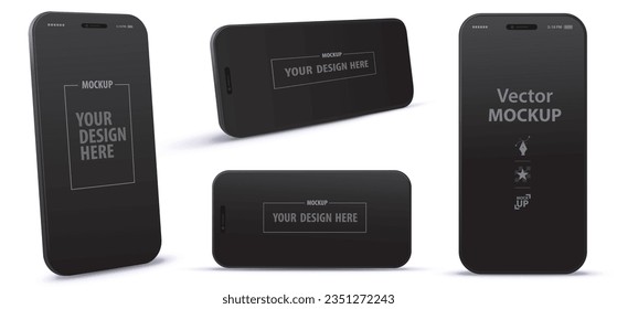 Black Mobile Phone Vector Illustrations. Realistic Smartphone mockup set with different perspective screen views.