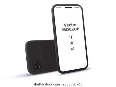 Black Mobile Phone Vector Mockup with Front and Back Perspective View. Blank screen smartphone illustration isolated on white background.  svg