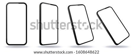 Black Mobile Phone Vector Mockup With Perspective Views. Smartphone Screens Isolated on Transparent Background.