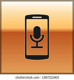 Black Mobile recording icon isolated on gold background. Mobile phone with microphone. Voice recorder app smartphone interface. Vector Illustration